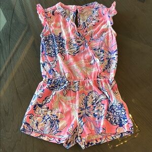 Pink and Blue Floral Jumpsuit with Ruffled Sleeves